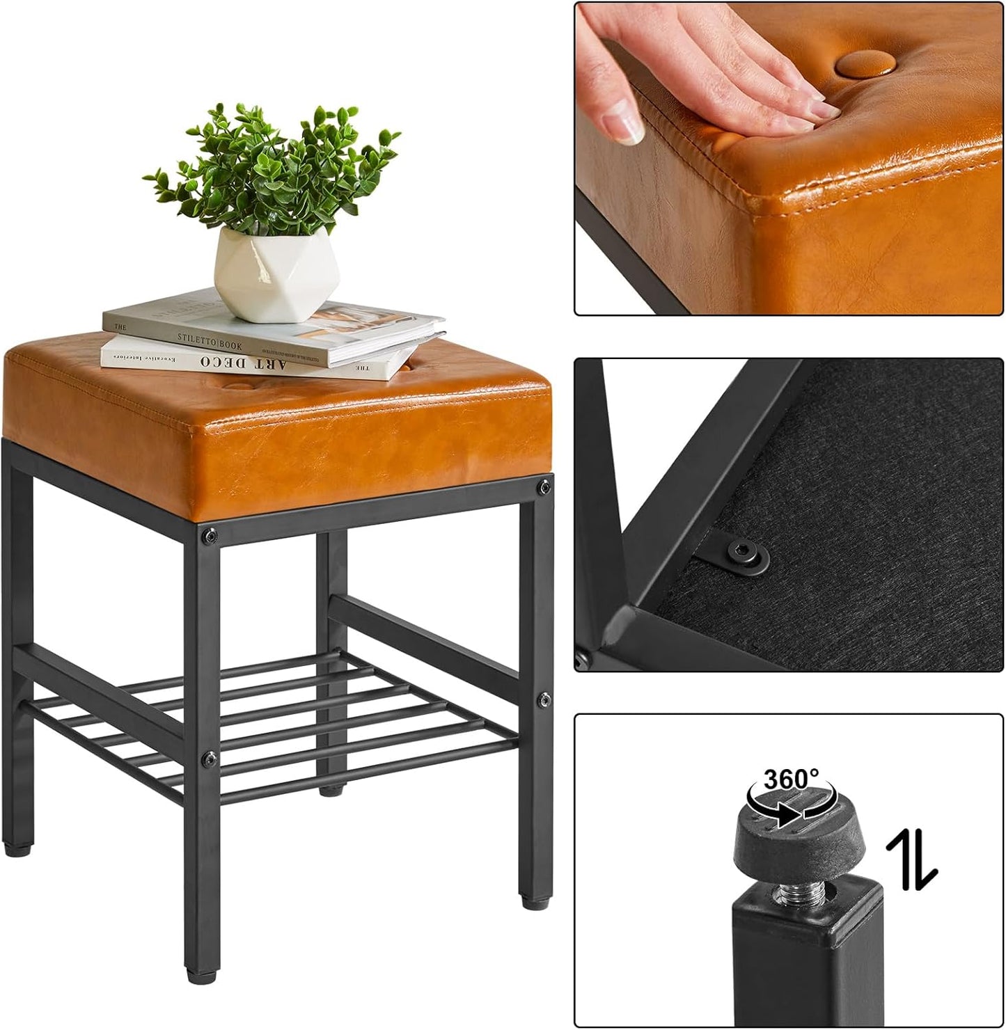 LG-60J IBUYKE Square Makeup Stool with Adjustable Feet and Storage Space, Footrest Chair, PU Vanity Seat, Multi-Use as