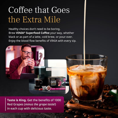 VINIA Medium Dark Roast Coffee with Red Grape Piceid Resveratrol, Nitric Oxide for Heart Health, Alertness, Physical Energy & Blood Flow Circulation. 30ct K-Cup Pods