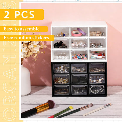 Wenqik 2 Pcs Mini Storage Drawers Teacher Toolbox Organizer with 9 Clear Drawers Small Plastic Desktop Teacher Desk Craft Organizer for Classroom Office 7" x 3. 9" x 4. 7" (Black, White)
