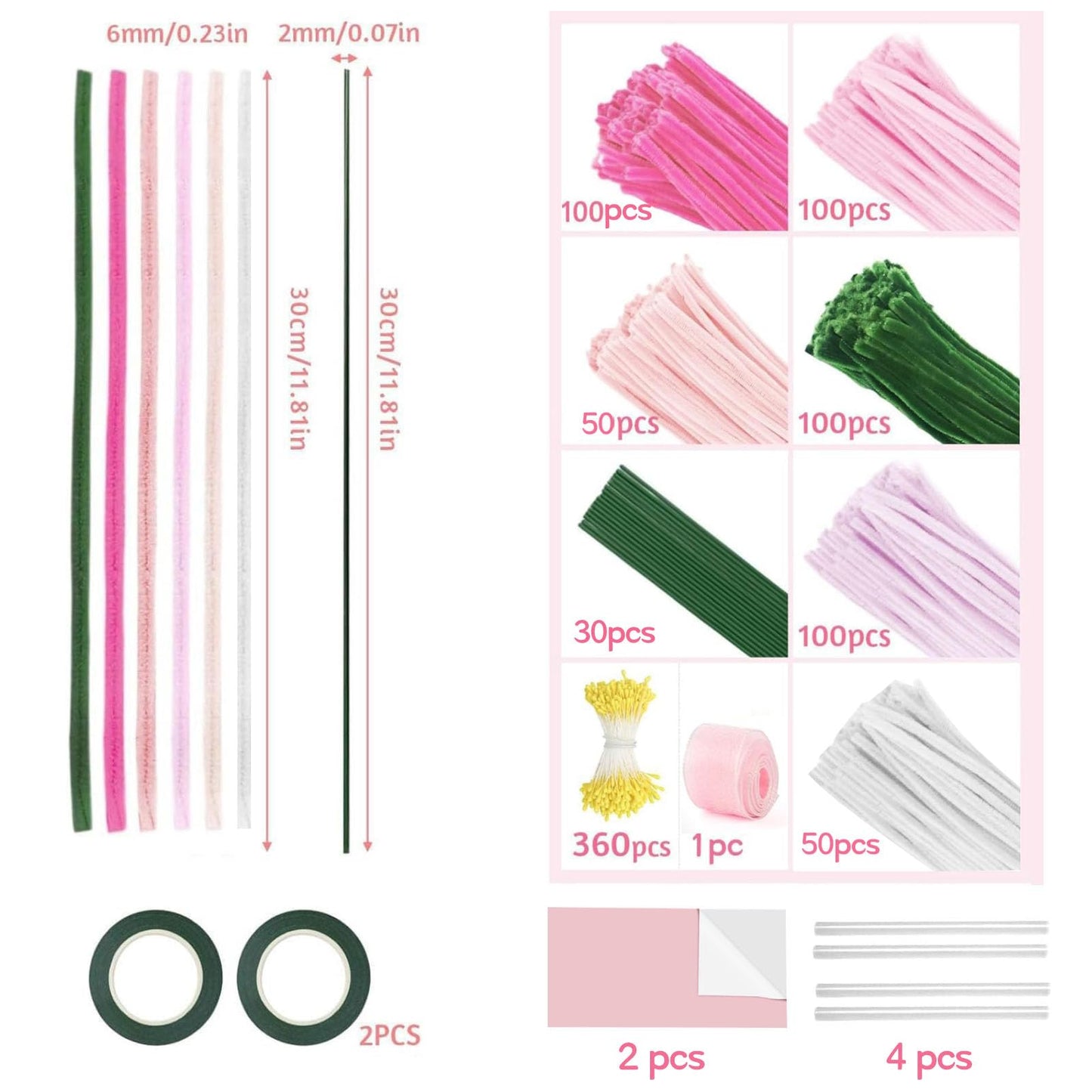 500 Pcs Pipe Cleaners Craft，Pipe Cleaner Bulk Flower Kit，6 Colors Chenille Stems Flower Kit for DIY Handmade Whit Ribbons，Stems,Tape，Stamens, Glue Sticks，Gift for Art Project Activity (Pink)
