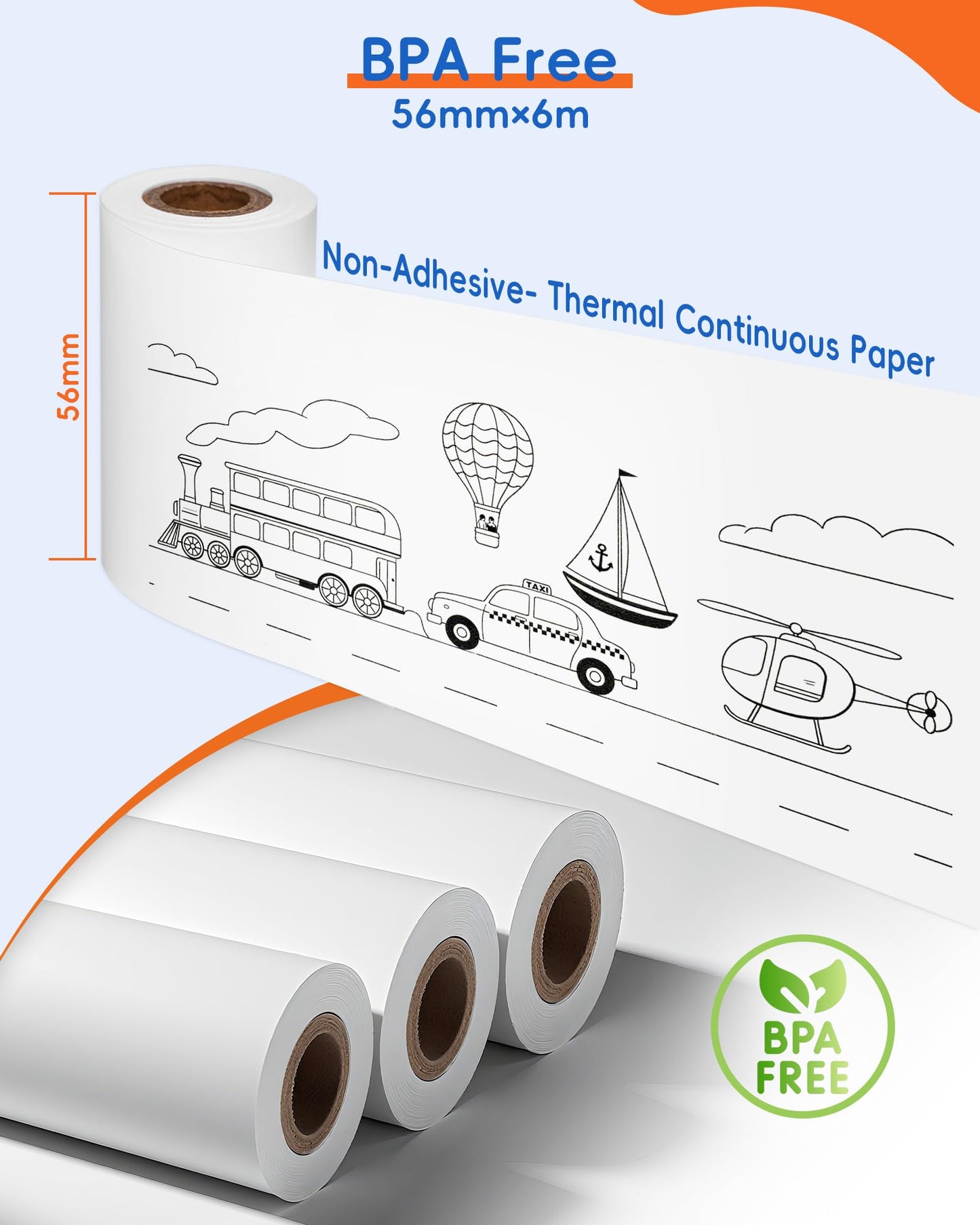 InkWon Non-Adhesive Thermal Paper 3-Roll Pack, 56mm * 6m BPA-Free Continuous Roll Paper Compatible with B21 Label Maker, Ideal for Journaling, Photo,Study Notes, Black Font