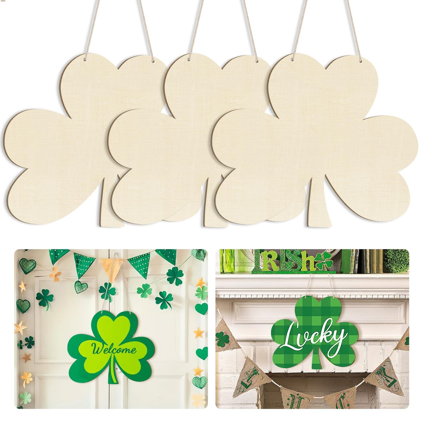 Large Size 12" Wooden Shamrock Ornaments to Paint, St. Patrick's Day Decoration Cutouts Wooden DIY Blank Unfinished Shamrock Irish Door Hanging Sign Plaque Crafts Hanging Decorations 3PCS