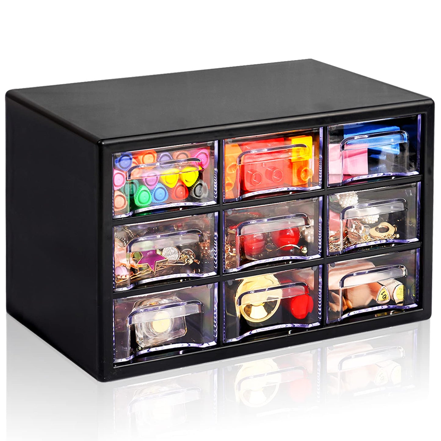 Desk Storage Organizer with 9 Drawers, FODIENS Stackable Desktop Craft Drawer Cabinet, Clear Storage Box Caddy for Makeup Jewelry Office Craft Supplies (9.84×6.3×5.9in) (Black)