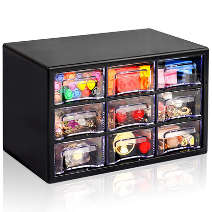 Desk Storage Organizer with 9 Drawers, FODIENS Stackable Desktop Craft Drawer Cabinet, Clear Storage Box Caddy for Makeup Jewelry Office Craft Supplies (9.84×6.3×5.9in) (Black)