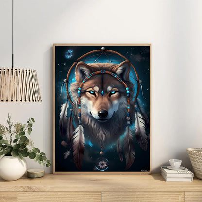 AUKVLZS 5D The Dreamcatcher's Wolf Diamond Painting Kits Native American for Adults, Full Round Diamond Art Craft, Personalized Wall Decoration, Gift for Any Occasion 12x16 inch