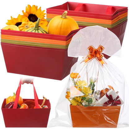Funnymoom 24 Pcs Fall Basket for Gifts Empty Orange Brown Green Gift Basket Empty to Fill with Handle, Clear Bag and Bow for Autumn Thanksgiving Party Favor Supplies, 9.8 x 6.5 x 4.3''