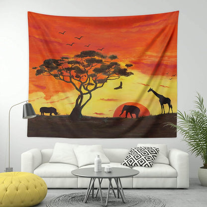 BROSHAN Large Tapestry for Bedroom, Orange African Wildlife Tree at Sunset Nature Landscape Tapestries Wall Hanging