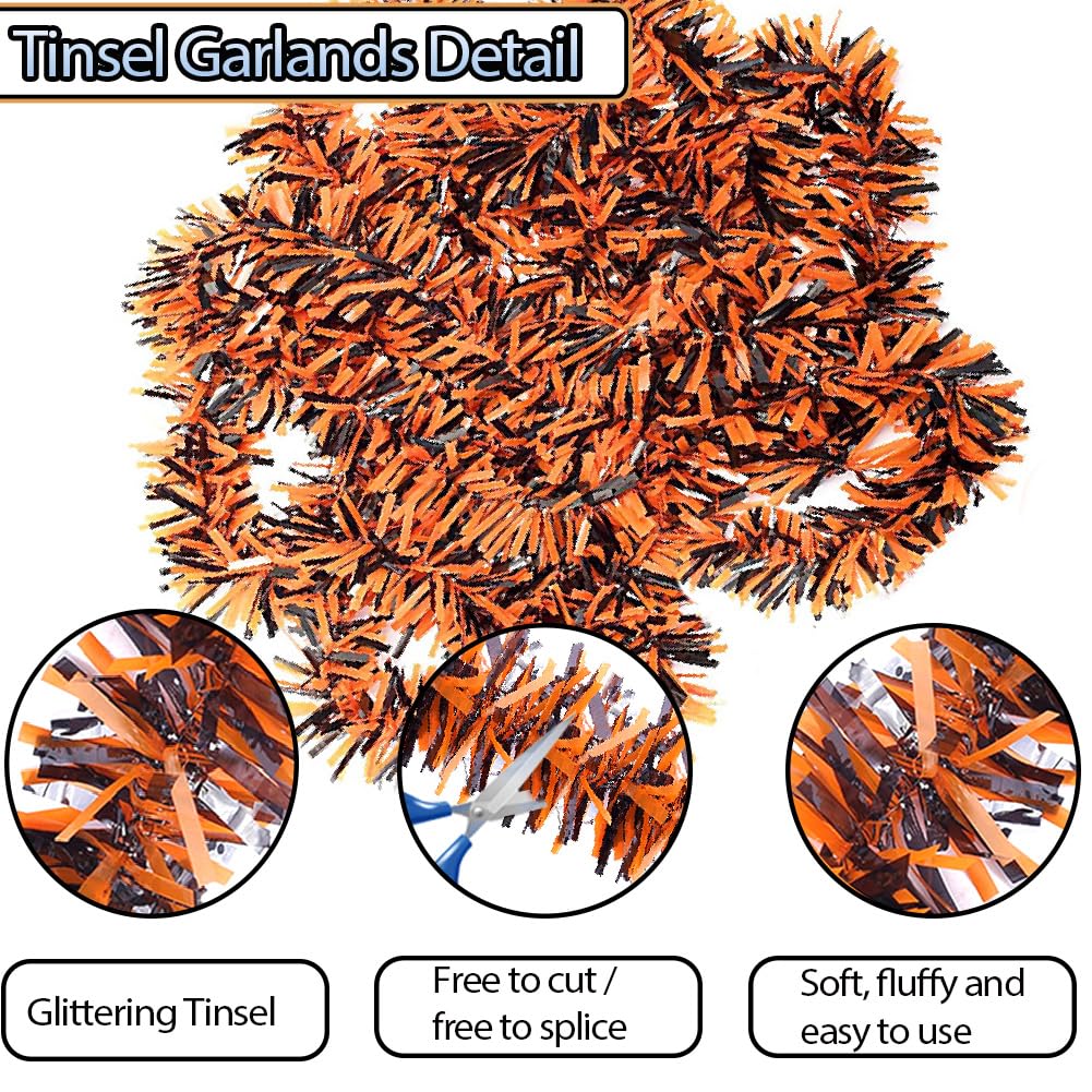 Halloween Tinsel Garland - 66 Ft Shiny Metallic Tree Garland Glitter Tinsel Hanging Twist Hanging Decorations for Halloween Party Holiday Supplies (Orange,Black)