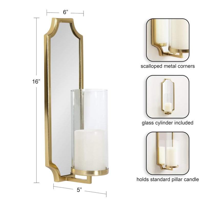 Kate and Laurel Ciel Glam Mirrored Wall Sconce; 6 x 5 x 16; Gold; Modern Scalloped Candle Holder with Removable Glass Cylinder and Mirror for Bathroom or Bedroom Wall Decor