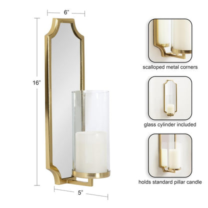Kate and Laurel Ciel Glam Mirrored Wall Sconce; 6 x 5 x 16; Gold; Modern Scalloped Candle Holder with Removable Glass Cylinder and Mirror for Bathroom or Bedroom Wall Decor