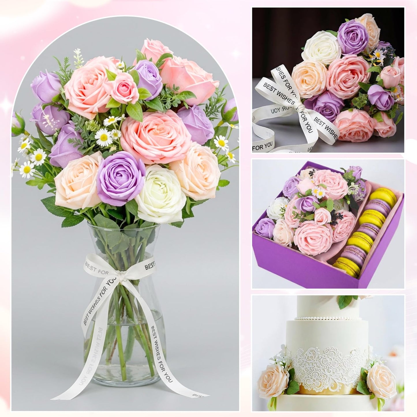 Ovveroche DIY Purple Flower Bouquet Set Artificial Preserved Roses with Eucalyptus Lavender White Roses Perfect for Wedding Birthday Valentine's Day Party Decoration