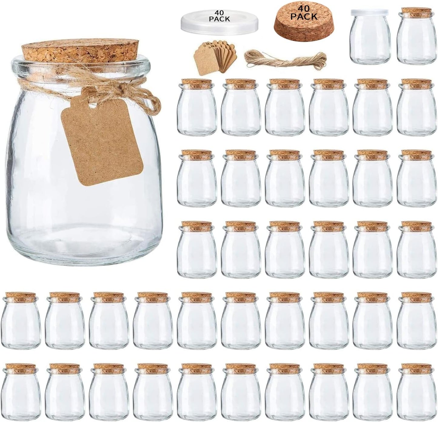 Brajttt 40 Pack, 7 oz Glass Mini Yogurt Jars Favor Jars With Cork Lids, Pudding Containers, Mason Wedding Favors Honey