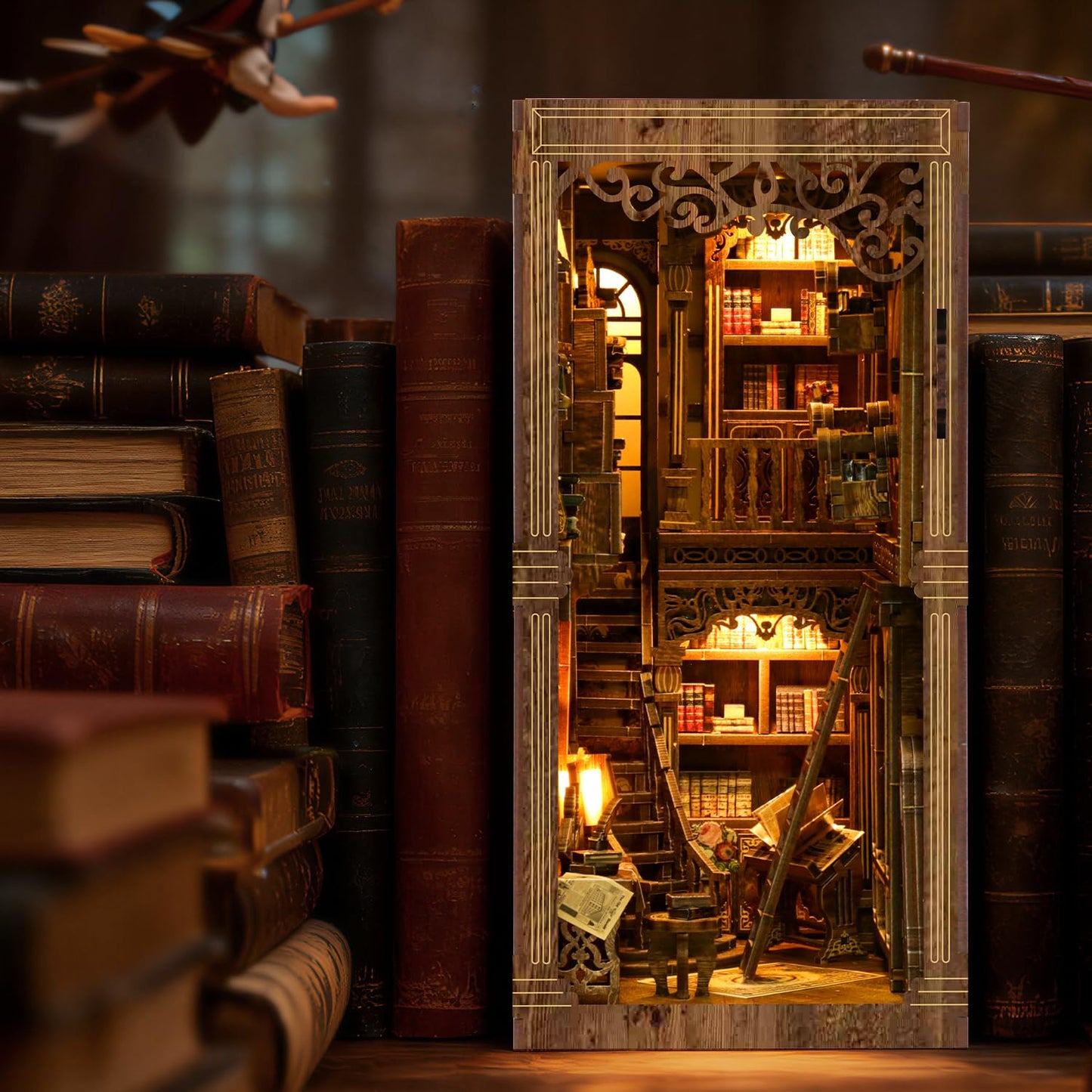 Book Nook Kit, Book Nook for Adults 3D Wooden Puzzle with Sensor Led Light,DIY Miniature House Kit Bookshelf Insert Decor for Adults Booknook Model Kits