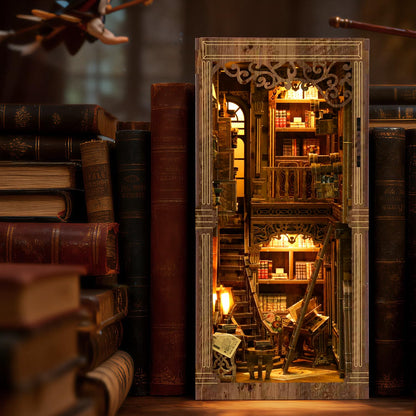 Book Nook Kit, Book Nook for Adults 3D Wooden Puzzle with Sensor Led Light,DIY Miniature House Kit Bookshelf Insert Decor for Adults Booknook Model Kits