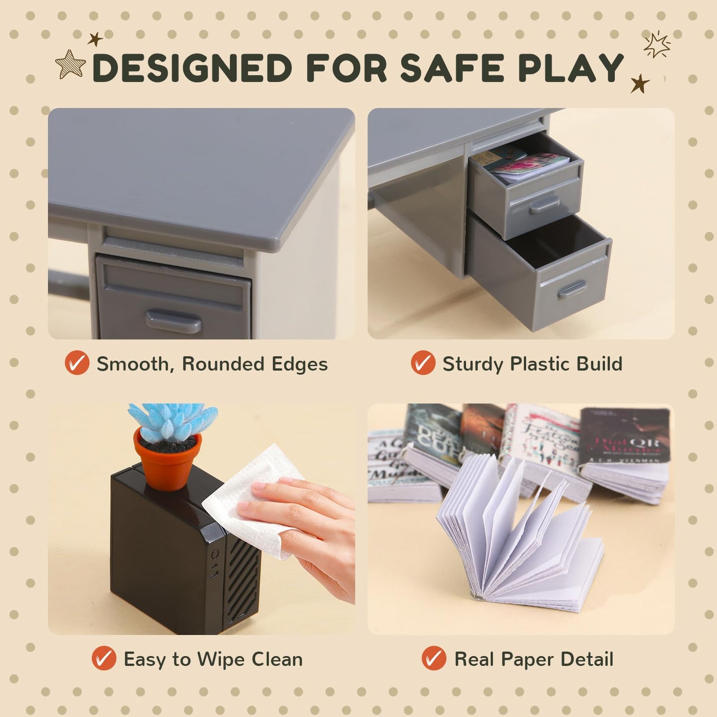 1:12 Scale Mini Desk Set with 100 Mini Books & 2 Bookshelves — Miniature Dollhouse Furniture Set with Office Chair, Computer & 15+ Accessories — Mini Desk Accessories for Doll House Diorama