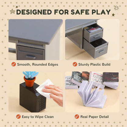 1:12 Scale Mini Desk Set with 100 Mini Books & 2 Bookshelves — Miniature Dollhouse Furniture Set with Office Chair, Computer & 15+ Accessories — Mini Desk Accessories for Doll House Diorama