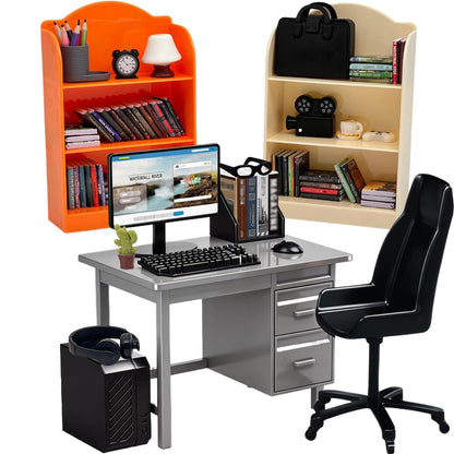 1:12 Scale Dollhouse Furniture,Miniature Office Furniture Set, 80+ Pcs with Computer,Desk, Chair, Bookshelves and Accessories, Suitable for Displaying Ideal Gifts