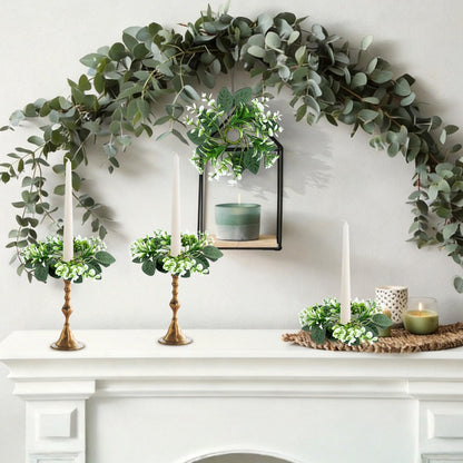 6 PCS Eucalyptus Taper Candle Rings Wreaths 1.38" Mini Spring Summer Floral Taper Candle Holder Wreaths Artificial Greenery Leaves Table Centerpieces Wreath for Farmhouse Home Candlesticks Decor