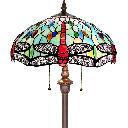 Capulina Tiffany Lamp Stained Glass Floor Lamp 2-Light 63 Inches Tall Industrial Dark Bronze Pole Fine Sky Dragonfly Tiffany Style Standing Floor Lamp for Living Room Bedroom Home Office