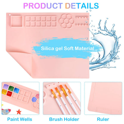 Mikiwon Painting Station, Paint Brush Cleaner and Silicone Art Mat 20"X16" with 10 Paint Brushes, Paint Brush Rinser, Art Supplies Set (Pink)