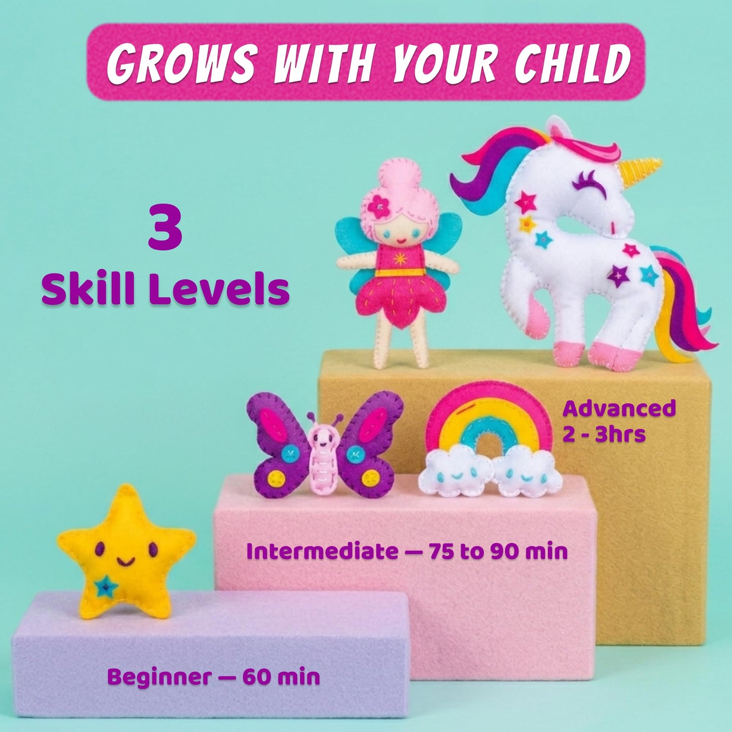 CRAFTSBEE Unicorn Sewing Kit for Kids Ages 7-12 — 5 Large Felt Stuffed Animals, 3 Skill Levels — Beginner Arts and Crafts, Birthday Gift for Girls