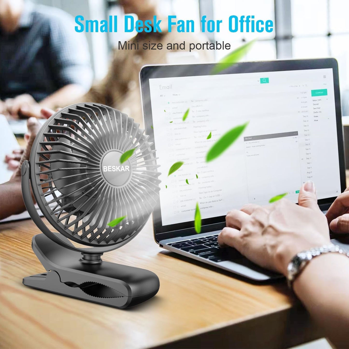 BESKAR Portable Clip on Fan, Rechargeable, 4 Speeds Small Battery Operated Fan, USB Desk Fan with Strong Airflow