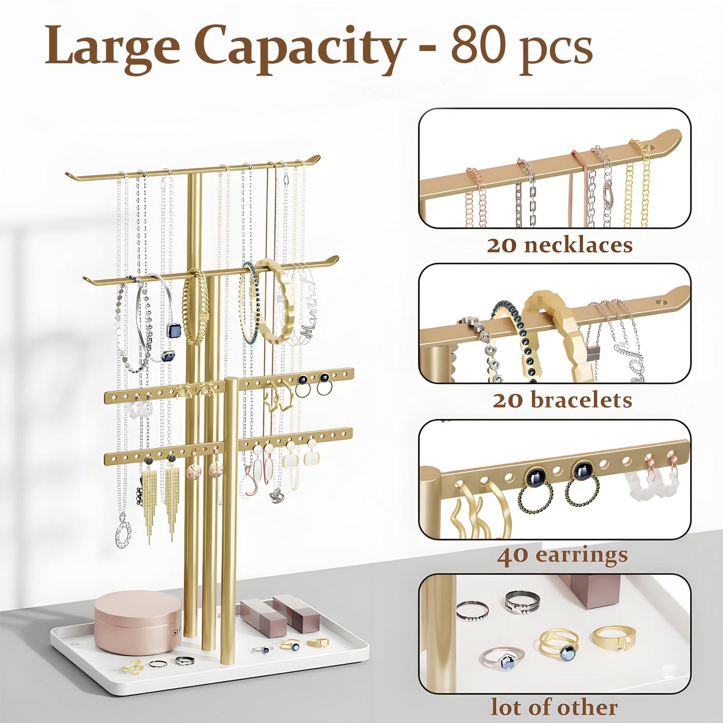 pickpiff Jewelry Stand Holder Organizer: 14.5" Sturdy Hanger for 80 Pcs Jewelry, Gift for Women, Gold Jewlery Tower for Necklace, Earring, Bracelet