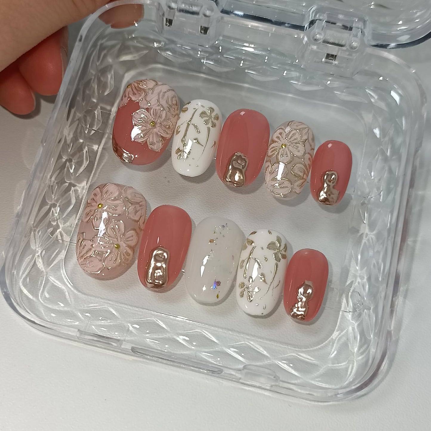 TENPAL Short Oval Press on Nails,Peach Yogurt Base Glue on Nails,Hand-Painted Cloisonné Florals False Nails Press ons,Artisan Chinese Style Fake Nails Kit,Enamel Wire Inlay Nail Art Tools 10pcs(L)