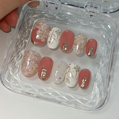 TENPAL Short Oval Press on Nails,Peach Yogurt Base Glue on Nails,Hand-Painted Cloisonné Florals False Nails Press ons,Artisan Chinese Style Fake Nails Kit,Enamel Wire Inlay Nail Art Tools 10pcs(L)
