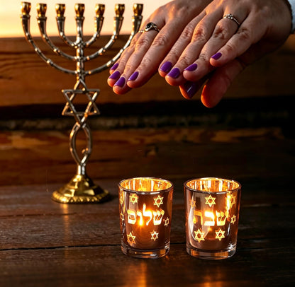 ZIVOSELY Set of 2 Glass Shabbat Candle Holders, Thickened Heat-Resistant Electroplated Glass Tea Light Holders for Jewish Judaica Sabbath Hanukkah Gifts, All Silver