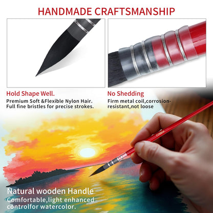 Professional Watercolor Synthetic Squirrel Hair Paint Brushes, Mop Paintbrushes, Art Supplies for Art Painting, Gouache, Fine Detailing, Acrylic, Aquarelle & Oil Painting（11pcs