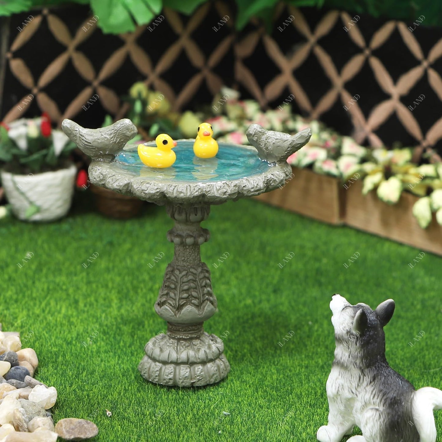 iLAND 1/12 Scale Garden Accessories Outdoor Miniature Birdbath Fountain & 2 Lion Wall Reliefs Mini Ornaments for Garden Dollhouse Décor Dollhouse Accessories