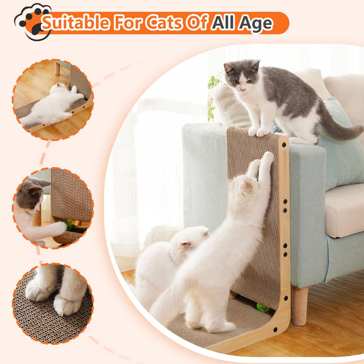 Familypoint Cat Scratcher, Cat Scratching Post, Cardboard Cat Scratching Board with Ball Toy, Large Vertical L Shape Cat Scratcher Scratch Pads Toys for Indoor Cats, Catnip
