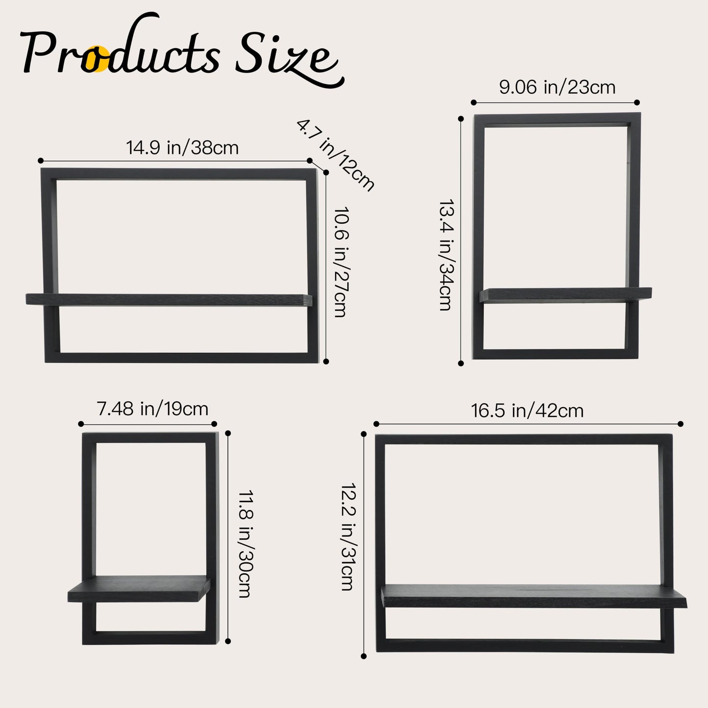 PHOENANCEE Square Floating Shelves,Framed Wall Shelf Decorative Set of 4,Modern Plants Hanging Display Art Decor Storage for Livingroom Bedroom Bathroom Farmhouse,Home Light Wood,Rustic Black
