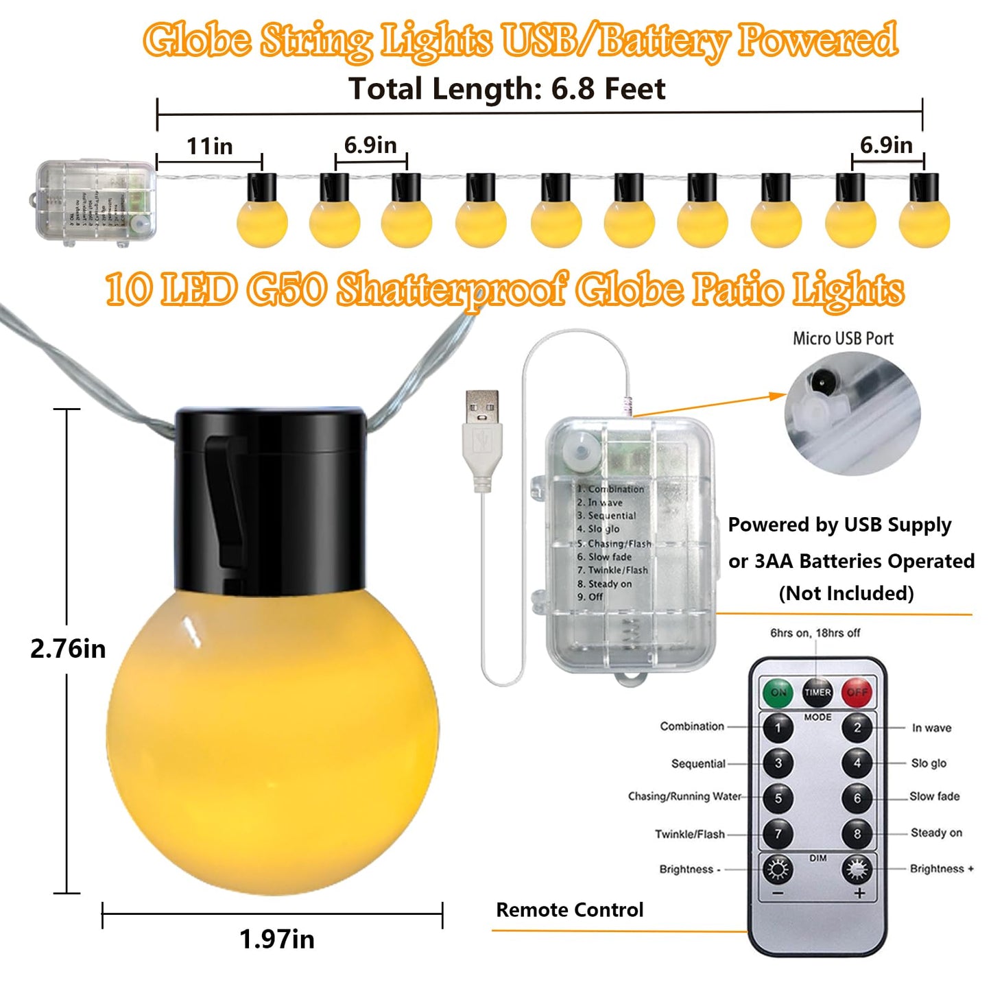 Globe String Lights Indoor Battery Operated & USB Powered, 6.8Ft 10 LED Edison Bulb String Lights with Timer, Outdoor Patio Light String for Marquee Letters Numbers Patio Backyard Camping Party Decor