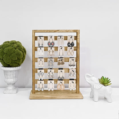 Ikee Design Wooden Jewelry Display Rack with 20 Removable Metal Hooks, Earring Card Display Holder Stand for Earring Cards, Necklaces, Bracelet, Keychain Stand, Oak Color