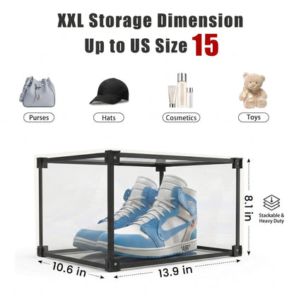 KOKOIN Transparent Plastic Storage Clear Shoe Display Case Box Organizer - Magnetic Side Open, 16PC (Black)