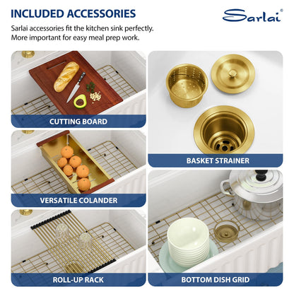 Sarlai White Farmhouse Sink - 33 Inch Farm Kitchen Sink Undermount Workstation Apron Front Reversible Ceramic Fireclay Single Bowl Farmer Sinks Basin 33 x 20 Inch With Gold Accessories