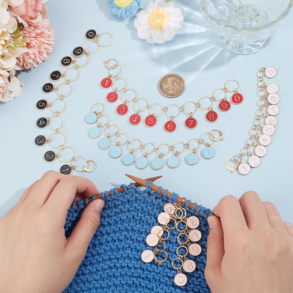 BENECREAT 5 Pcs 5 Styles Alloy Enamel Number 0~9 Knitting Row Counter Chain, Brass Link Knitting Row Counter Stitch Markers Row Counting for Knitting Weaving Sewing Accessories