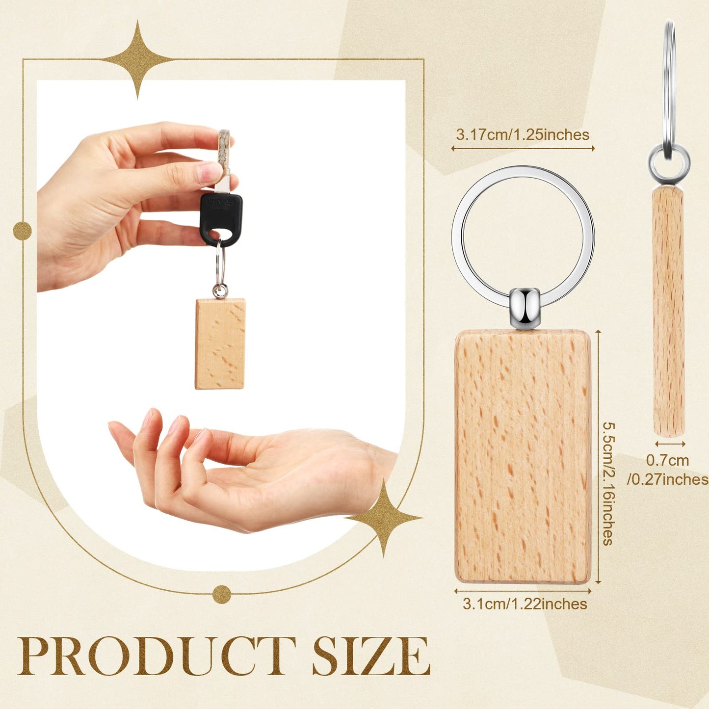 Yinkin 50 Pcs Wooden Keychain Blanks Bulk Laser Engraving Key Chain Unfinished Wooden Key Ring Tag for DIY Gift Crafts (Rectangle)