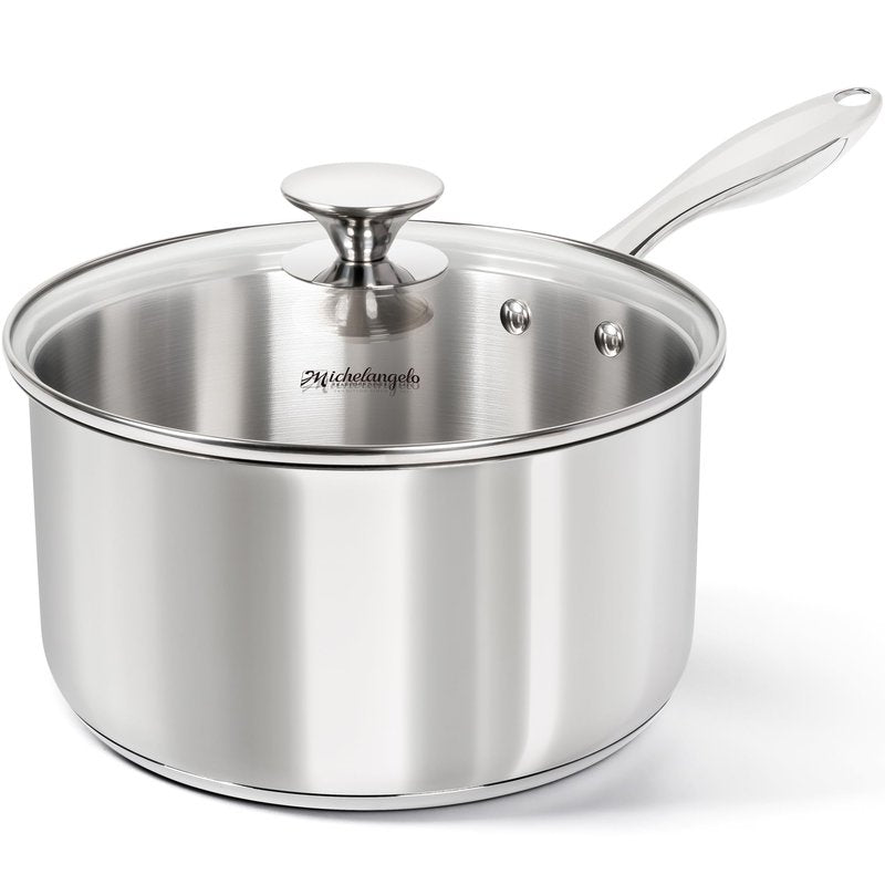 MICHELANGELO 4 Quart Saucepan with Lid, Thick Bottom Stainless Steel Saucepan with Cover, 4 QT Sauce Pot, Induction Ready & Dishwasher Safe