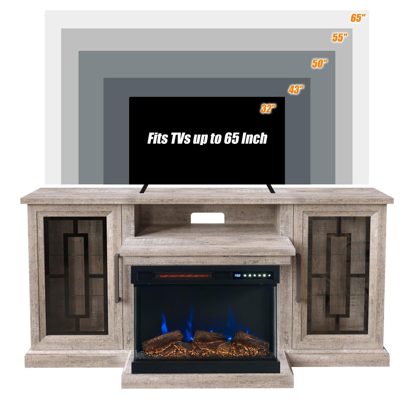 Unineo 59 Inch LED TV Stand with 3-Side Glass Fireplace, Modern Media Entertainment Center Console Table for TVs up to 65 Inch with Adjustable Color, 24’’ Fireplace, Highboy, Grey Wash