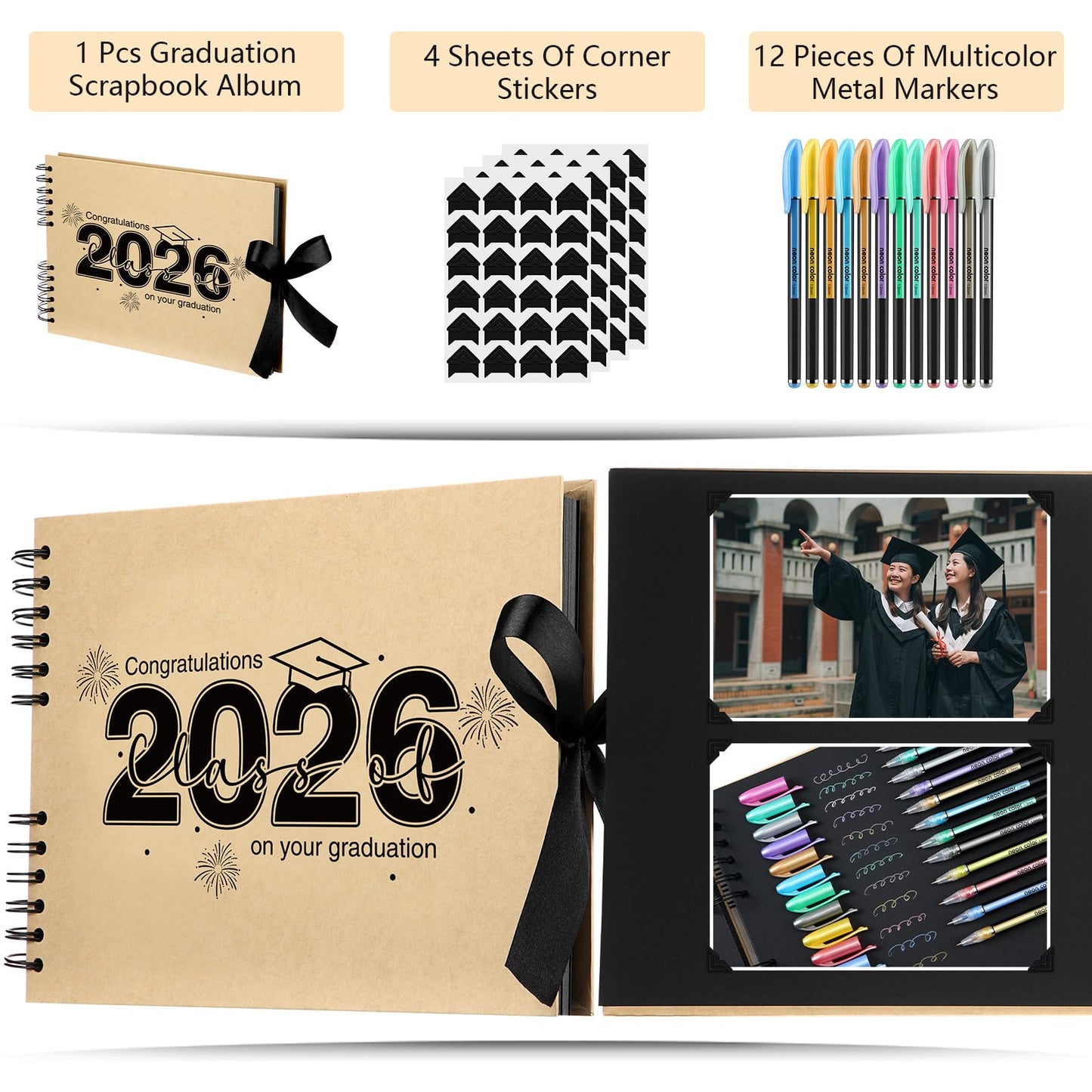 Dunzoom 80 Pages Graduation Scrapbook Kit 11 x 8 Inch Photo Album of 2026 Graduation Decoration with 12 Metal Pens and 4 Sheets Stickers for DIY School Congrats Grad Memory Book to Sign(Brown)