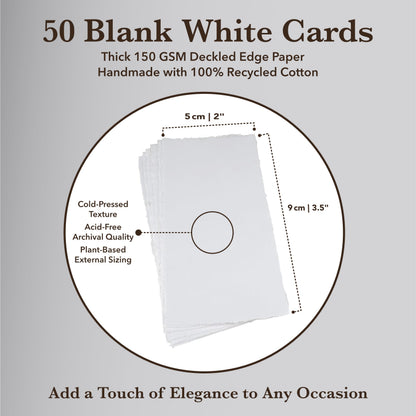 Wanderings Handmade Deckle Edge Tent Cards – Folded to 2" x 3.5" – 150 GSM - 25-Pack – Textured Cotton Paper – Blank Names, Table Settings, Gift Tags, Love Notes