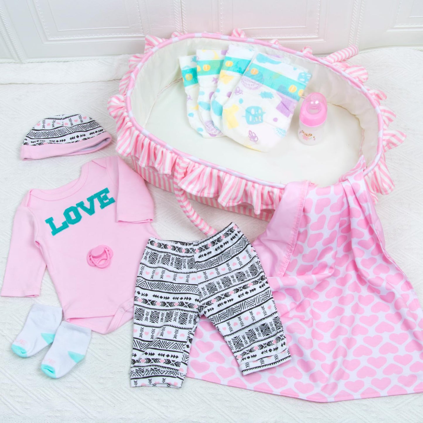 PEDOLLTREE 12 Pcs Reborn Baby Dolls Clothes Girl Outfit Accessories for 17-22 Inch Reborn Doll Newborn Girl with Pink Love Heart Bassinet