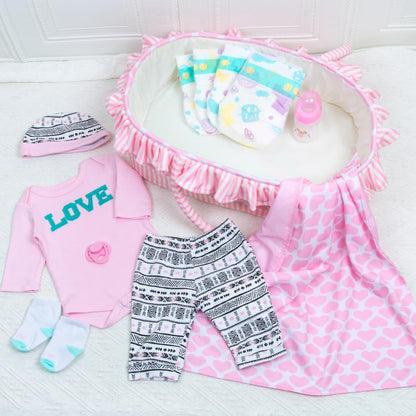 PEDOLLTREE 12 Pcs Reborn Baby Dolls Clothes Girl Outfit Accessories for 17-22 Inch Reborn Doll Newborn Girl with Pink Love Heart Bassinet