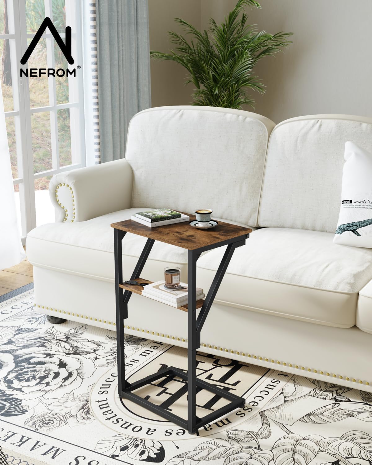 NEFROM ET-D-BRW1 C-Shaped End Table, Small Couch Side Table, Sofa TV Tray Table for Living Room, Bedroom, Bedside