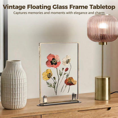 Vintage Floating Glass Frame, Tabletop Floating Picture Frame for Dry Flowers, Double Glass Pressed Flower Display Frame with Metal Base, Shelf Photo Frames for Home Office