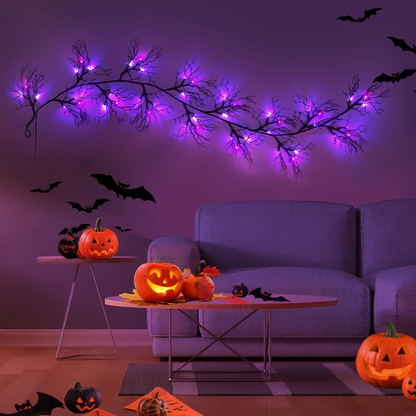 Joyhalo Halloween Garland with Lights Decorations with Bat Lights,Battery Operated 6FT 48 LED Halloween Willow Vine Twig Garland for Mantle,Wall,Fireplace and Halloween Decorations