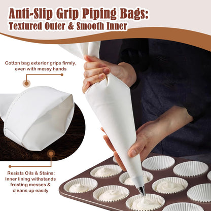 9-Piece Reusable Piping Bags and Tips Set- Cotton Baking Kit with Coupler, Stainless Steel Nozzles & Cleaner for Cakes/Cupcakes/Cookies Decorating
